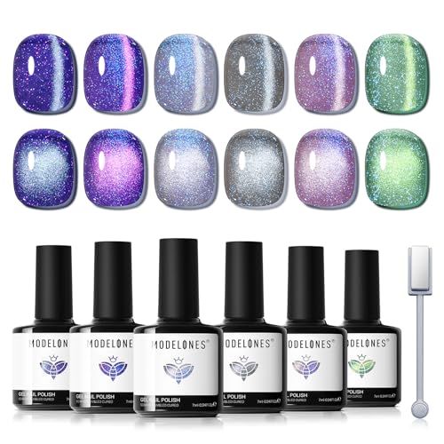 Image of modelones Cat Eye Gel Nail Polish Set, 6 Colors Aurora Galaxy Pearlescent 9D Cateye Glitter Gel Polish kit Blue Green Purple Mermaid Nail Polish with Magnet Soak Off LED Nail Art Starter Kit DIY Gift