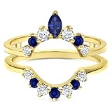 Marquise & Round Cut Blue Sapphire & White Diamond Chevron Crown Enhancer Guard For Women, 14K Yellow Gold Plated 925 Silver September Birthstone Blue Sapphire Contour Curved Wrap Guard Matching Band