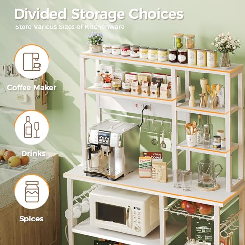 Image of SUPERJARE Large Bakers Rack with Power Outlets, 6-Tier Microwave Stand, Coffee Bar with 12 S-Shaped Hooks, Kitchen Shelf with Wire Basket, 39.4 x 14.6X 66.9 Inches, White