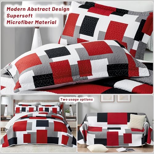 Image of Tyrot 3 Piece Red Black Grey Quilts California King Size Red Bedding Set | Lightweight Bedspread, Geometric Coverlet with 2 Sham, Modern Abstract Soft Microfiber, Bed Cover for All Season, 118''x106''