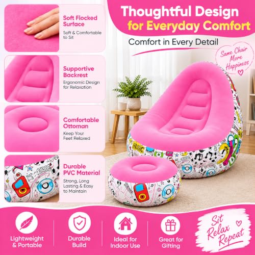Image of Inflatable Lounge Chair with Matching Ottoman, Single Size, Foldable & Portable Relaxing Chair for Living Room, Bedroom & Home, Pink