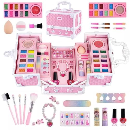 Beauenty Kids Makeup Kit Real Kids Makeup Set Washable Makeup Set Toys for Girls with Portable Makeup Box Including Lipstick Eye Shadows and So On Girls Toys for Girls Aged 5 6 7+ Year Old (Pink-C)