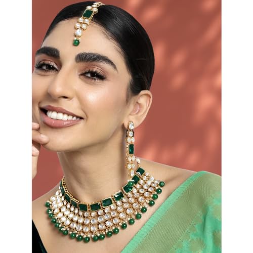 Aheli Faux Kundan Choker Necklace with Earring Maang Tikka Indian Traditional Bollywood Ethnic Bridal Jewelry Set Gift for Women and Green2