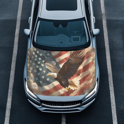 Image of Car Hood Cover, Car Hood Wrap Blankets Eagle and American Flag Print Waterproof Stretchable Auto Exterior Accessories for Compact Sedans SUV Trucks Van (59x39 Inch)