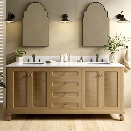 Alphabath 72 Inch Double Sink Bathroom Vanity Solid Wood Bathroom Cabinet with Marble Countertop & Backsplash Soft Closing 4 Doors & 3 Drawers Fully Pre-Assembled Light Oak