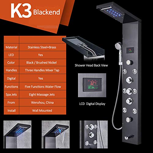 Columna de ducha hidroeléctrica con pantalla LCD, luz LED, efecto cascada y tres manetas (negro) miniatura 2