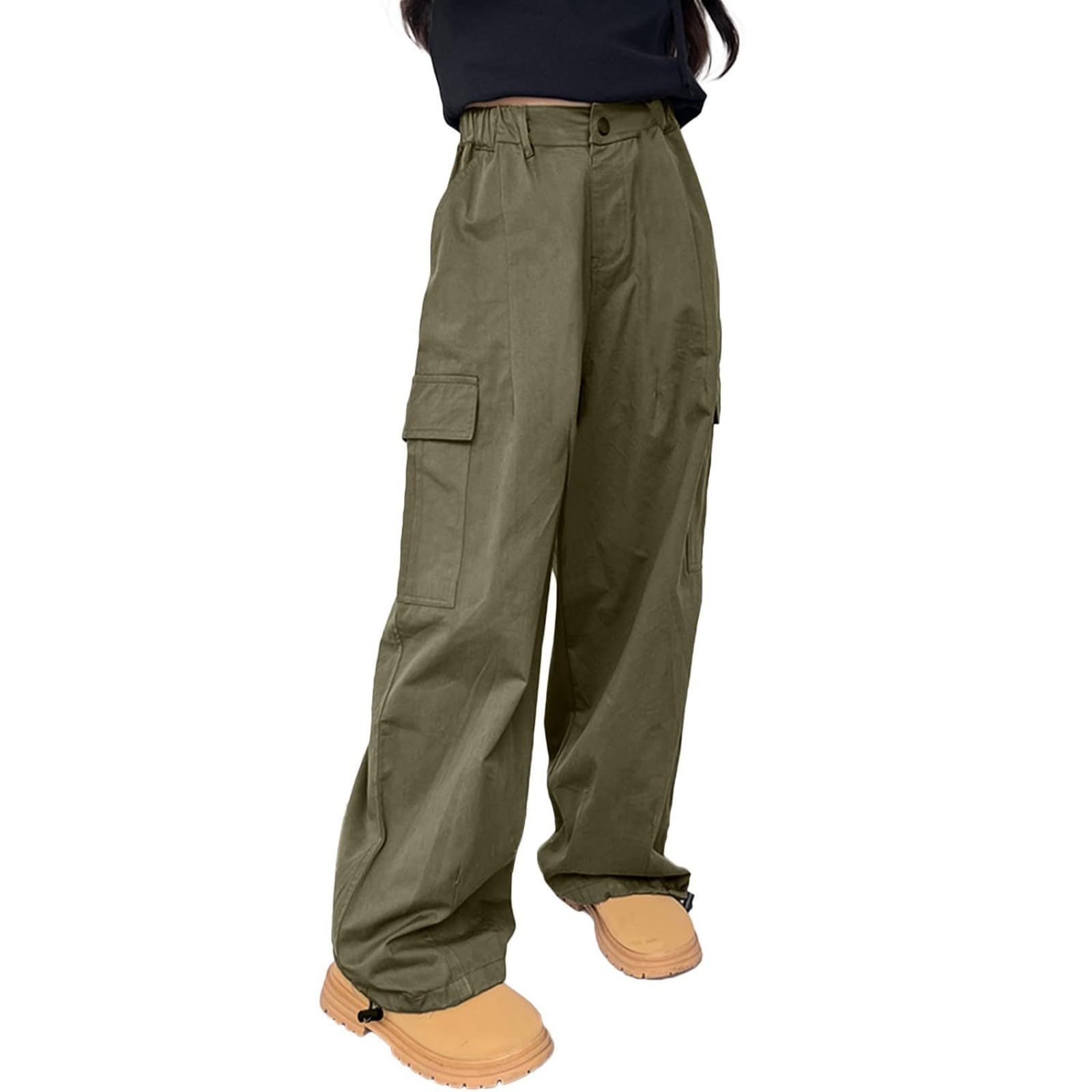 Rolanko Pantalon Cargo pour Filles, Pantalon Baggy en Coton à Taille Elastiquée avec Plusieurs Poches pour Les Enfants de 6 à 15 Ans
