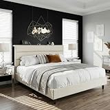 EnHomee Queen Bed Frame with Adjustable upholstered headboard & USB Type-C Bedside Charging, Noise-Free Metal Platform Bed for Bedroom use with 880 lbs Load and no Extra Box Spring, Beige