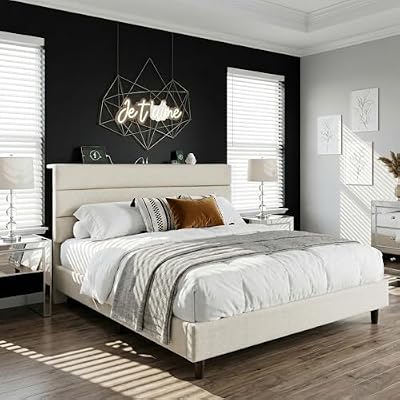 EnHomee Queen Bed Frame with Adjustable upholstered headboard & USB Type-C Bedside Charging, Noise-Free Metal Platform Bed for Bedroom use with 880 lbs Load and no Extra Box Spring, Beige