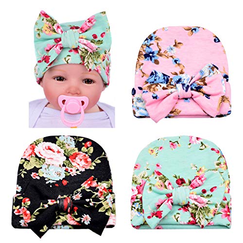 Image of DRESHOW BQUBO Newborn Hospital Hat Infant Baby Hat Cap with Big Bow Soft Cute Knot Nursery Beanie