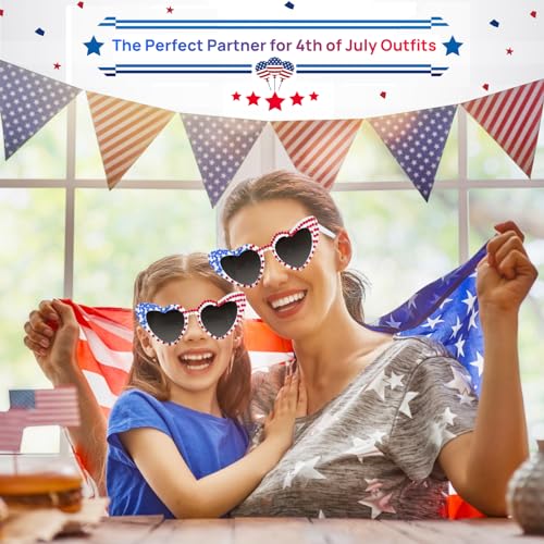 4th of July Sunglasses, Red White and Blue Heart Shaped Glasses with Rhinestone Patriotic Decorations Forth of July Party Accessories for Men Women Children