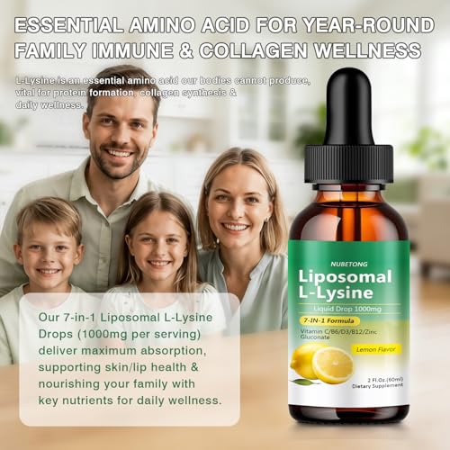 Liposomal L-Lysine 1000mg Liquid Drops, 7-in-1 Lysine Supplement for Adults with Vitamin C/B6/D3/B12 & Zinc Gluconate, Immune Support, Collagen Synthesis & Skin Lip Health, Lemon Flavor, 2 Fl Oz — view 6