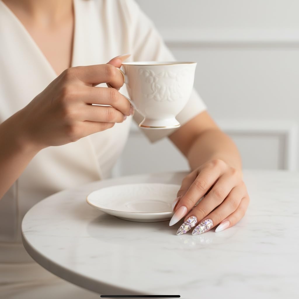 Natural Nude Pink Ombre White French 3D Crystal Design Press On Nails, Extra Long Sharp Stiletto Fake Nails with Rhinestones and Nail Glue, Reusable Nail Tips - Glue On Nails 24 Nail Kit, Ice Queen