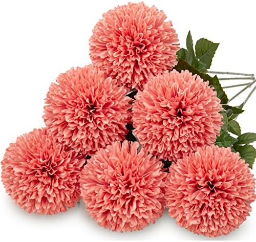 Briful 6PCS Artificial Chrysanthemum Flowers 4’’ Large Heads Silk Mums Fake Ball Shape Flowers Faux Ball Shape Flowers Spring Hydrangea Flower for Home Wedding Indoor Decor(Pink)