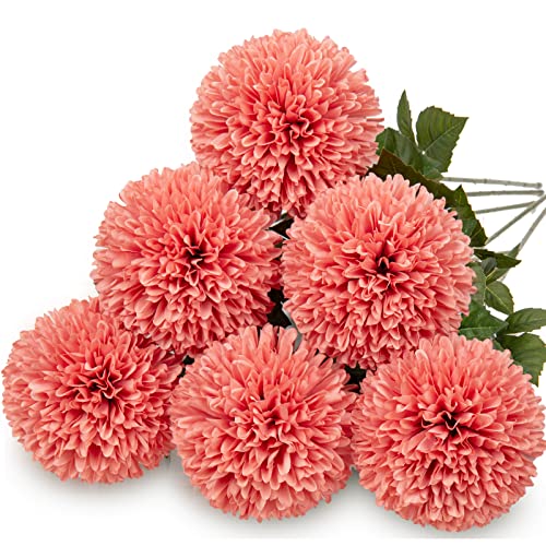 Briful 6Pcs Artificial Chrysanthemum Flowers 4’’ Large Heads Silk Mums Fake Ball Shape Flowers Faux Ball Shape Flowers Spring Hydrangea Flower For Home Wedding Indoor Decor(Pink) #TOP18