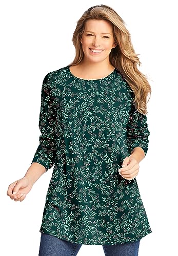 Woman Within Plus Size Perfect Printed Long-Sleeve Crewneck Tunic