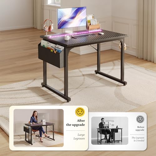 Image of DurayLoly 32 inch Gaming Desk with Waterproof LED Lights, Carbon Fiber Desktop for Small Spaces | Home Office Study Computer Desk with Storage Bag & Headphone Hook, Black