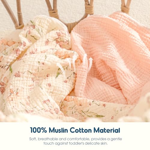 Image of GRSSDER 100% Cotton Muslin Crib Sheet 2 Pack - Breathable & Ultra-Soft Fitted Crib Sheets for Standard Baby & Toddler Mattresses, 52 inchx28 inch with 9 inch Deep Pocket, Snug Fit All-Around Elastic, Pink Floral