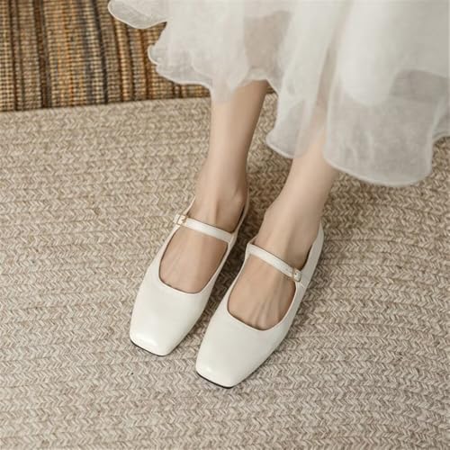 Stunner Mary Jane Square Toe Black Ballet Flats for Women, Comfortable Ankle Strap Casual Slip On Flats, White 39(7.5) 24