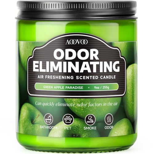 Image of AOOVOO Green Apple Odor Eliminating Highly Fragranced Candle - Eliminates 95% of Pet, Smoke, Food, and Other Smells Quickly, Non Toxic Air Freshing Soy Candle, Up to 50 Hours Burn time