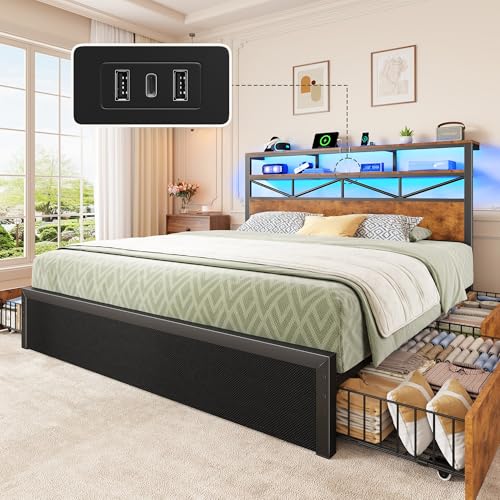 Image of Homkdom Queen Bed Frame with Large 4 Drawers, 2-Tier Shelf, LED Light and Charging Station, Heavy Duty Platform Bed with 880 lbs Capacity, Easy Assembly,Vintage Brown