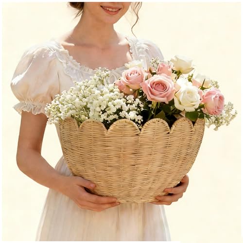 Scalloped Wicker Wall Basket - Hand Woven Hanging Rattan Basket,