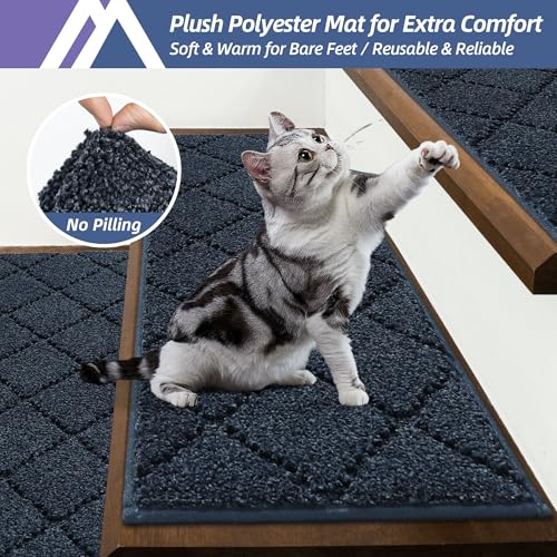 Image of COSY HOMEER Edging Stair Treads Non-Slip Carpet Mat 28inX9in Indoor Stair Runners for Wooden Steps, Edging Stair Rugs for Kids and Dogs, 100% Polyester TPE Backing (15pc, Navy)