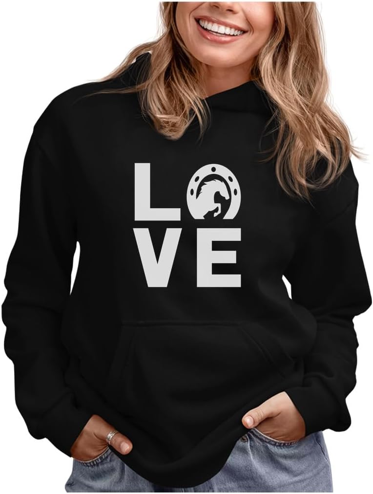 Tstars Horse Hoodie for Women and Teen Girls - Horseshoe LOVE Graphic Pullover - Gift for Riders, Owners, and Equestrian Fans
