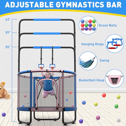 Trampoline for Kids 600LBS 4.5FT 5FT 5.5FT Toddler Indoor Outdoor with Safety Net, Swing, Adjustable Bar, 54'' 66'' Mini Small Trampoline with Basketball Hoop