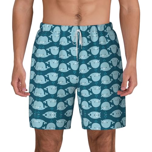 FSCEV Traje de baño con fondo de ballenas de dibujos animados para hombre con forro de compresión elástico, blanco, M corto