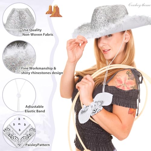 Image of Coume 12 Pcs Sparkly Adults Cowboy Hat and Bandanas Women Men Western Glitter Cowgirl Party Hats with Adjustable Drawstring