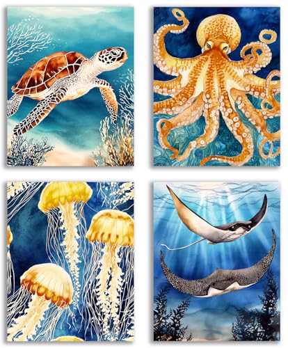 NIIORE Ocean Sea Life Wall Art, Watercolor Marine Animals Canvas Prints for Bedroom Bathroom Home Decor, Sea Turtle Octopus Jellyfish Manta Ray, Set of 4-8x10 inches Unframed