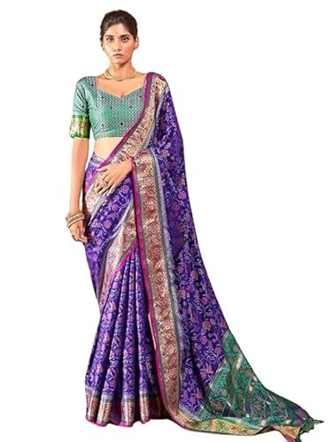 SWORNOF Sari Patola en soie pour femme pour festival de mariage avec motif riche en pallu pour femme avec chemisier, Violet, 6 yard SWORNOF Sari Patola en soie pour femme pour festival de mariage avec motif riche en pallu pour femme avec chemisier, Violet, 6 yard