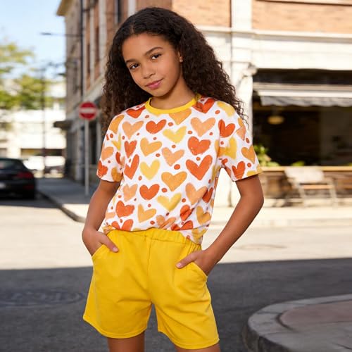 Image of Yoxindax Tween Girls Summer 2-Piece Outfit Set - Crew Neck Short Sleeve T-Cherry Print Shorts 7-14Y Summer Clothes