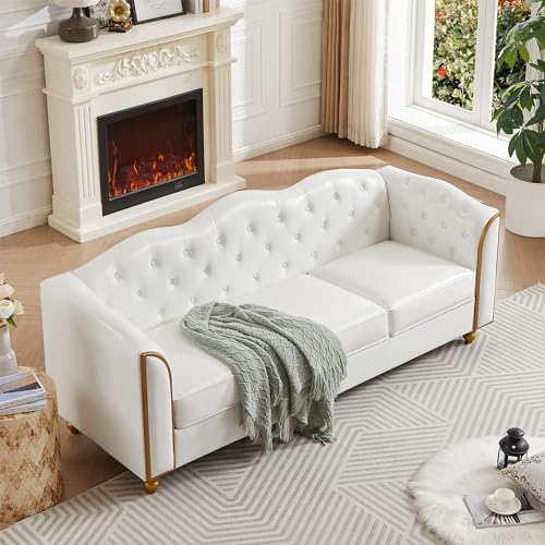 Image of HITHOS 78 inch Leather Sofa Couch, Soft 3 Seater Sofa Couches for Living Room, Button Tufted Comfy Couch Modern Sofa with Upholstered Cushion, Gold Trim, Solid Wood Legs for Dorm Bedroom Apartment, White