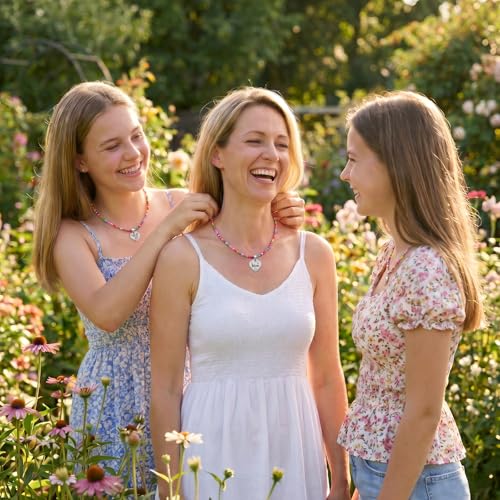 Image of Big Middle Little Sister Mom 2 Daughters Heart Colorful Beaded Necklaces | 3Pcs matching sister pendant set, meaningful friendship & family jewelry, ideal gift for BFF, sisters, mom & daughter