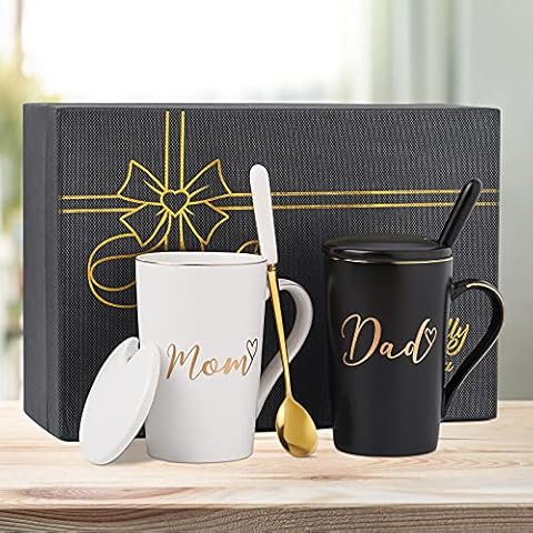 Dad and Mom Mug - Gift for Pregnancy Announcement - New Parent Gifts for Couples - Dad and Mom Coffee Mug Set for Christmas Anniversary Birthday 14 Oz With Gift Box Lid Spoon (Black&White) Cover