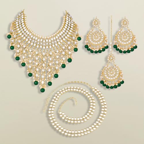 Image of Peora Kundan & Beads Studded Necklace Earrings & Maangtikka Set Ethnic Jewellery for Women & Girls