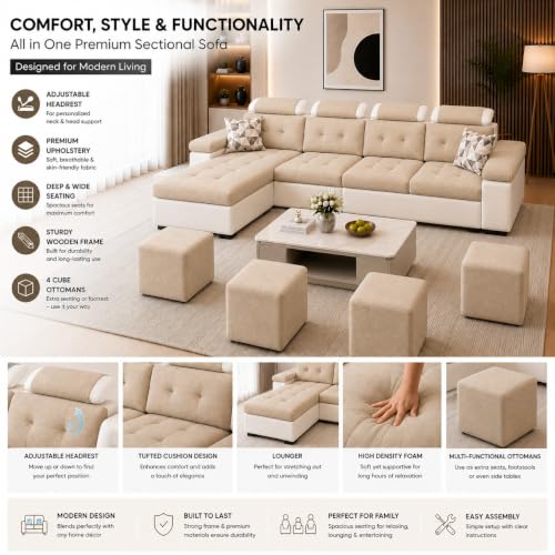 Image of Torque Jimmi L-Shaped 5 Seater Sofa with 4 Puffy - LHS-Beige | 8 Seater Sectional Sofa Set for Living Room | 3 + 1 Lounger Sofa Couches with Adjustable Headrests