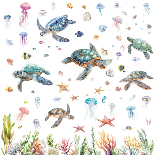 SHUCHING Pegatinas de Pared Tortuga Marina, Vinilos Decorativos Animales del Océano Coral Algas, Adhesivos Pared Salon Dormitorio Guardería Habitación Bebés Infantiles Niños