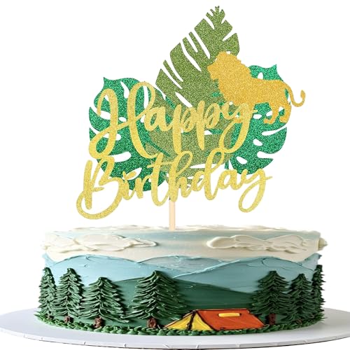 Rsstarxi 1 Pack Happy Birthday Tropical Leaves Cake Topper with Glitter Jungle Animal Lion Cake Pick Decorations for Jungle Theme Baby Shower Kids Birthday Party Supplies