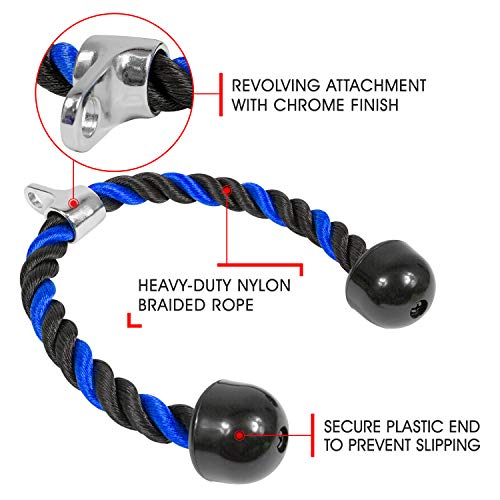 Image of Yes4All Deluxe Blue Black Tricep Rope 27 Inches Cable Attachment, Pulley System Gym Pull Down Rope With Carabiner, Exercise Machine Attachment - Blue Black