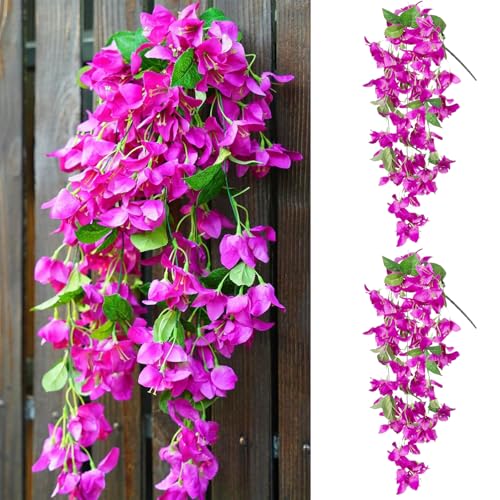 2Pcs Fuchsia Artificial Bougainvillea outdoor Faux Flowers UV Resistant Fake Hanging Plants Realistic Long Trailing Vines Flowers for Outdoor Outside Porch Patio Balcony Yard Decoration (Fuchsia)