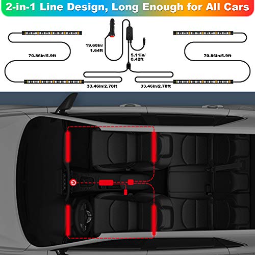 Shynerk Interior Car Lights, Car LED Strip Lights 2-in-1 Design 4pcs 48 LED Remote and APP Controller Lighting Kits, Waterproof Multi DIY Color Music Car Lighting with Car Charger and DC 12V - Thumbnail 6