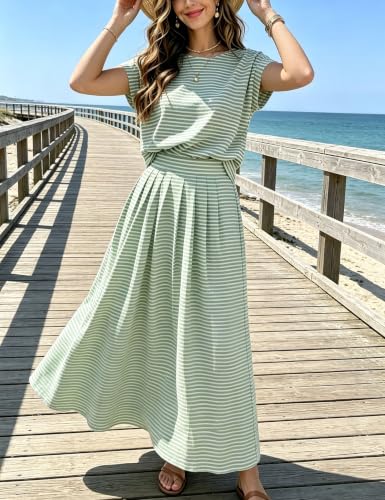 Image of Zontroldy Women's Summer 2 Piece Outfits Striped Skirt Sets Cap Sleeve Crop Top Midi Dress Matching Travel Outfits