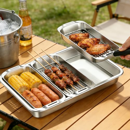 Halorin Grillkorb Set mit 3 Edelstahl-Körben, Serviertablett und Universalgriff, Perforierte Grillschale und Gemüsekorb als Vielseitiges BBQ Grill-Zubehör für Fisch, Grillschalen für Gasgrill