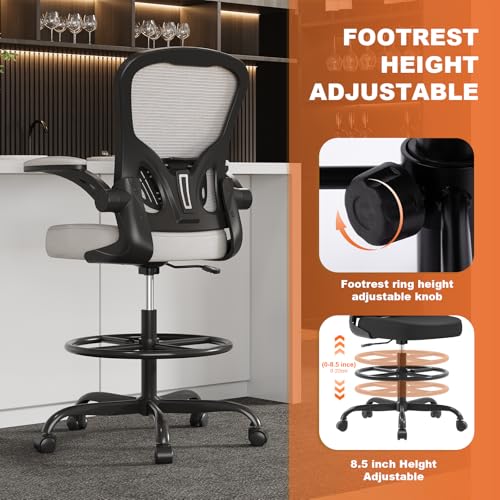Image of Ergonomic Drafting Chair, Tall Office Chair with Flip-up Armrests, Breathable Mesh High Desk Chair with Lumbar Support Adjustable Footrest Ring for Standing Desk Gray