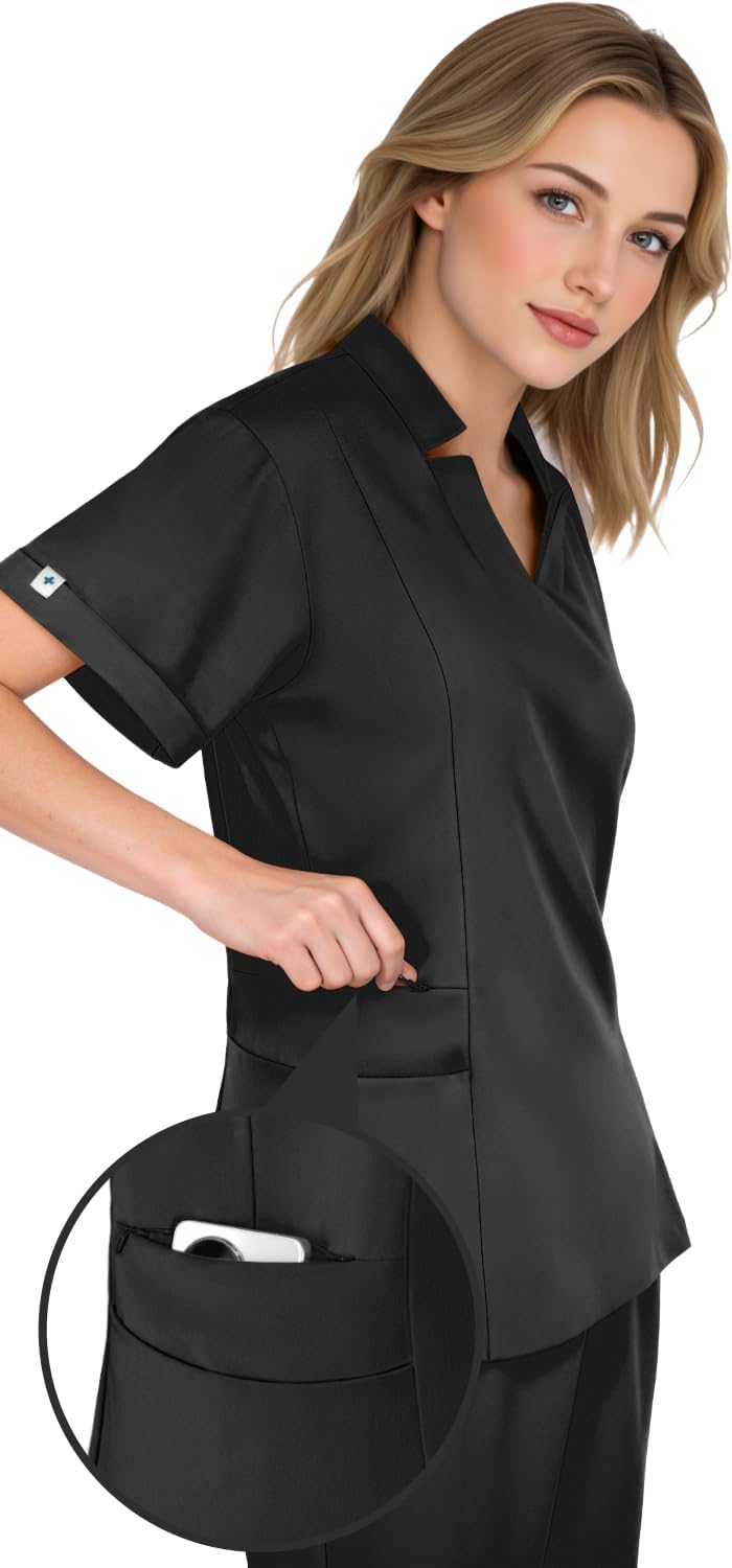 Scrubs for Women Set, V-Neck Slit Top with Contoured Waist & Straight-Leg Pants, Multi-Pocket Nurse Uniform