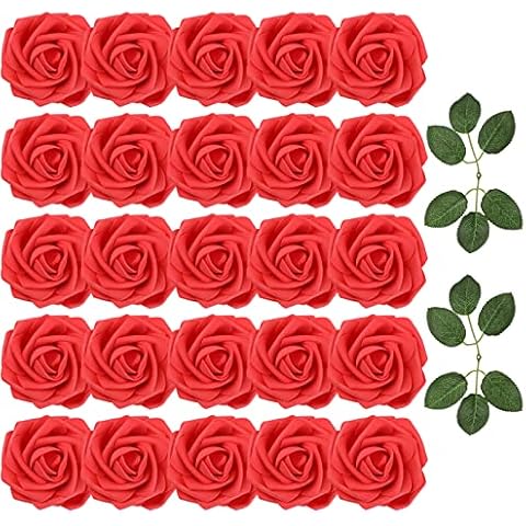Bigqin 25pcs Artificial Flowers Roses Xmas Decor Real Looking Touch Foam Roses with Stems for Christmas Decoration Wedding DIY Bridal Bouquets Home Flower Arrangement Party Table Decor Gift, Red Cover