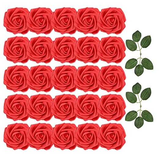 Bigqin 25 st konstgjorda blommor rosor äkta utseende touch skumrosor med stjälkar för dekoration bröllop gör-det-själv brudbuketter hem blomsterarrangemang fest bordsdekor gåva, röd